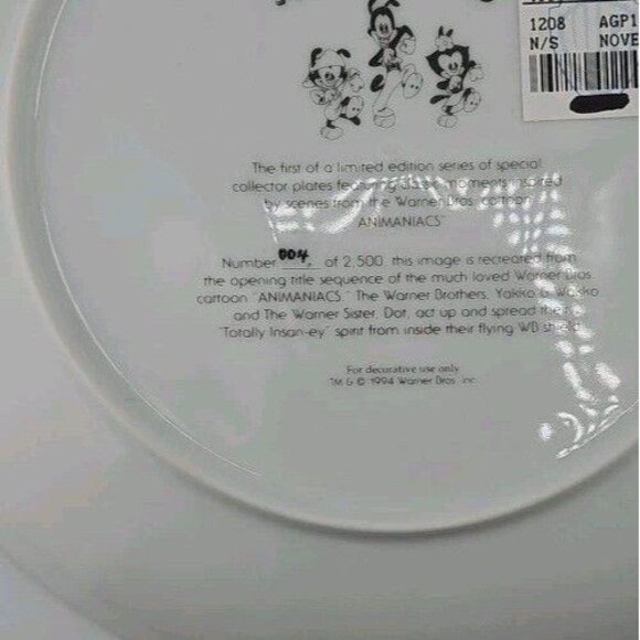 1994 ANIMANIACS Wakko Yakko Dot Warner Bros. Limited Edition Plate 004/2500 - Picture 4 of 10